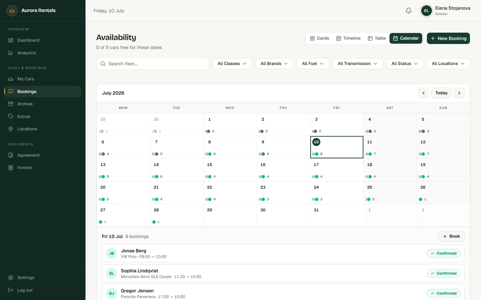 Monthly booking calendar in ISOXRent with pickups and returns per day