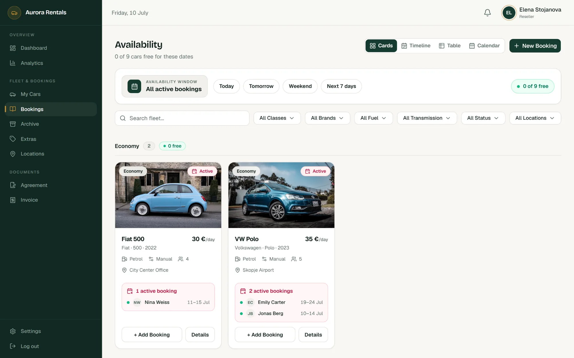 Booking management cards view in ISOXRent with car availability filters and active rentals