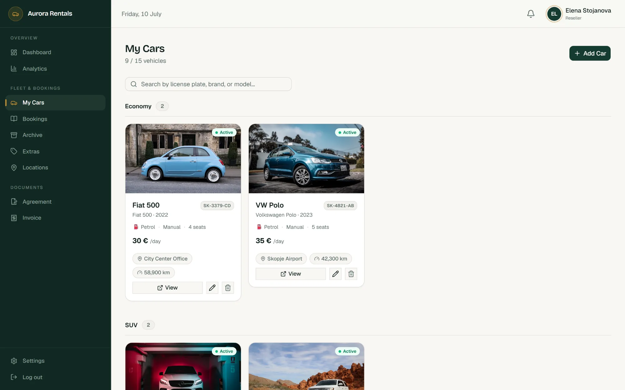 My cars in ISOXRent — rental fleet with photos, prices per day, locations and mileage