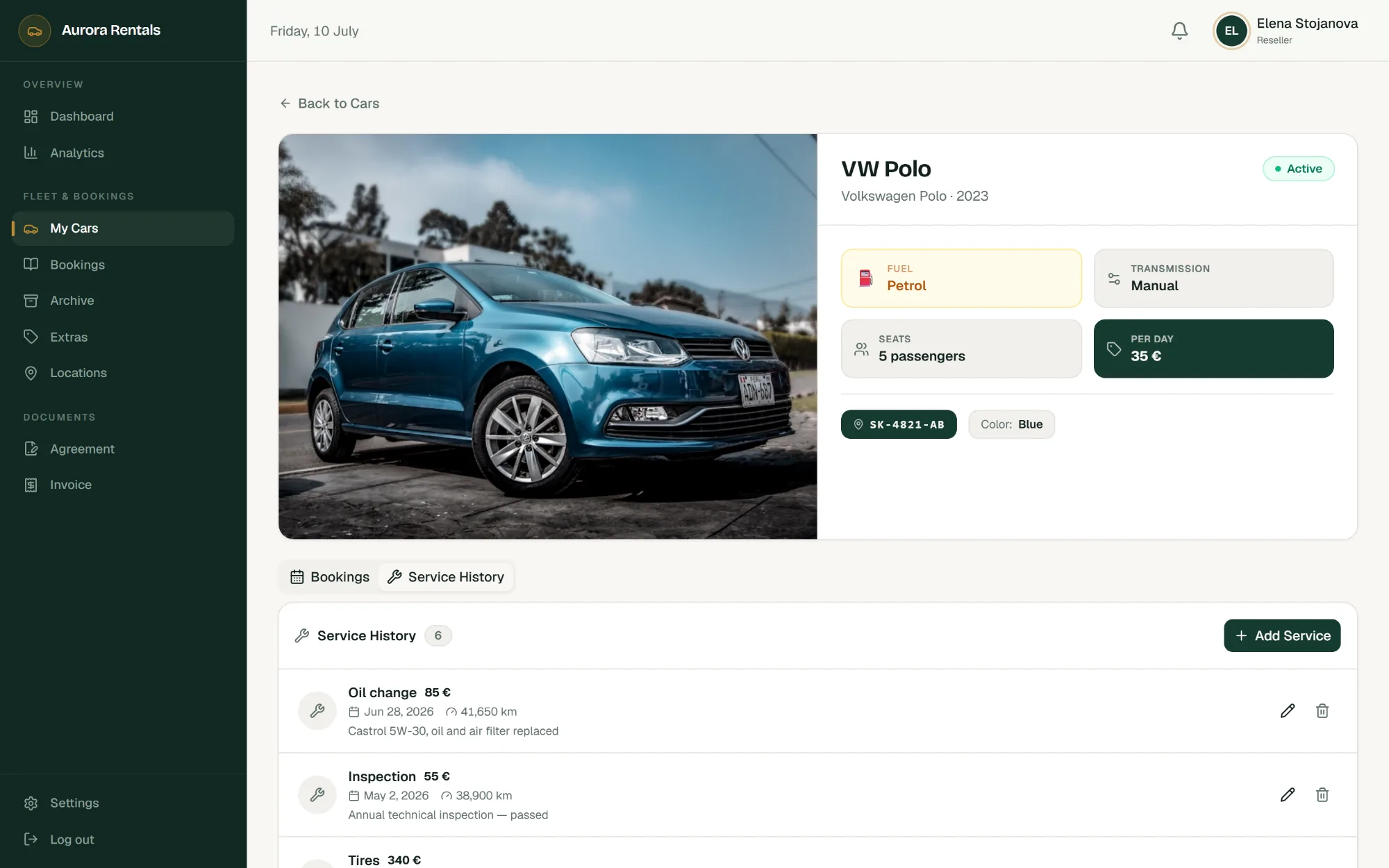 Vehicle service history in ISOXRent — oil changes, tires, brakes and inspections with mileage and cost